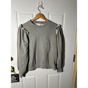 7 For All Mankind Sweater Womens Gray Contrast Ruffle Shoulder Trim Top